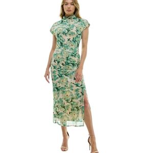 Luxology Mesh Mockneck Midi Dress, Green Floral, EUC, Size Medium